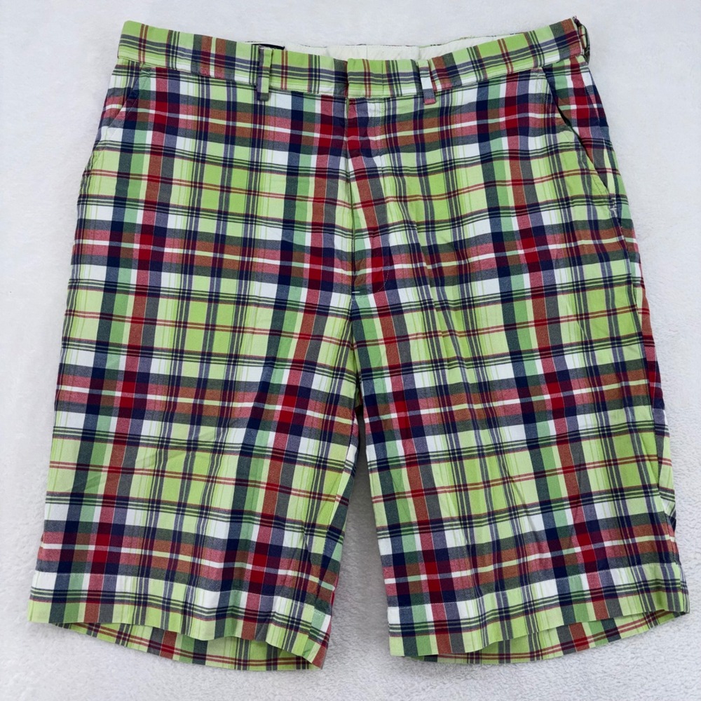 Polo Ralph Lauren Men Green Red Plaid Cotton Shorts Size 35 Flat Front Preppy